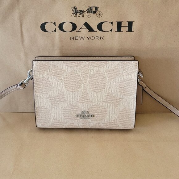 Coach CAR12 Slim Crossbody Signature Canvas Large C Clutch Handbag Sand Taupe - Picture 2 of 7